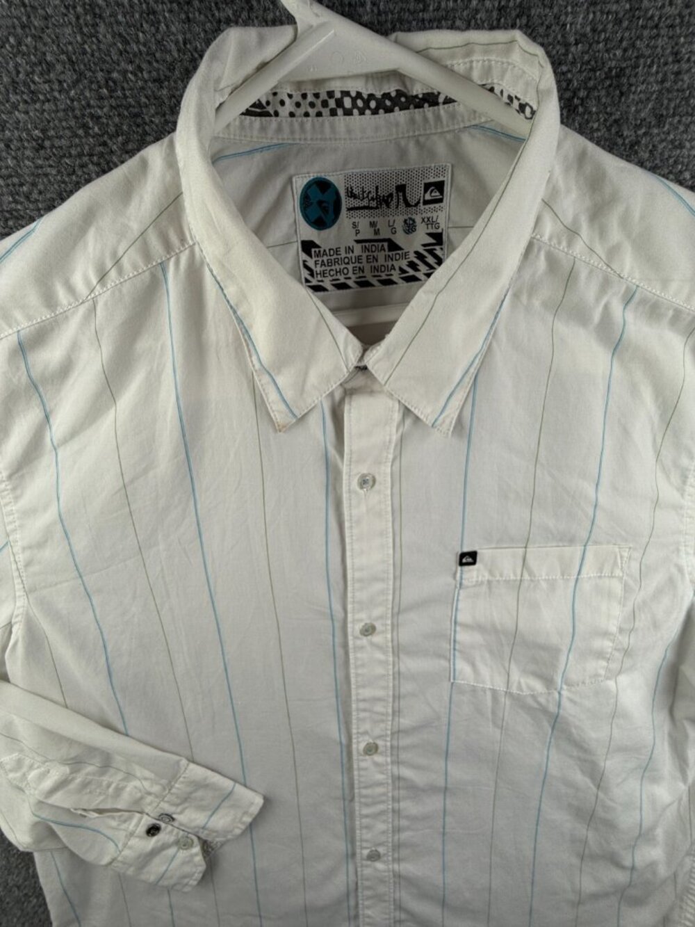 Quiksilver Men Long Sleeve Button Up Shirt White Blue Striped XL Polycotton